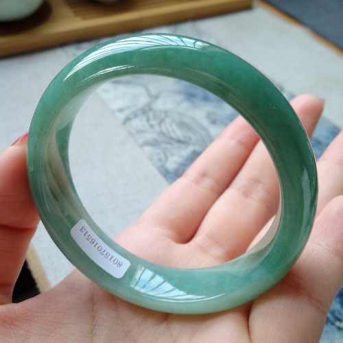 天然緬甸老坑A貨翡翠手鐲女款冰糯種白底青綠色飄花翡翠玉手鐲子