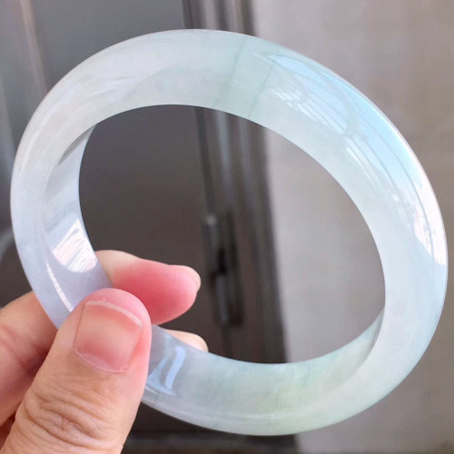 緬甸老坑冰種翡翠手鐲圓條飄綠玻璃種正圈玉冰種單色玉手鐲少女款