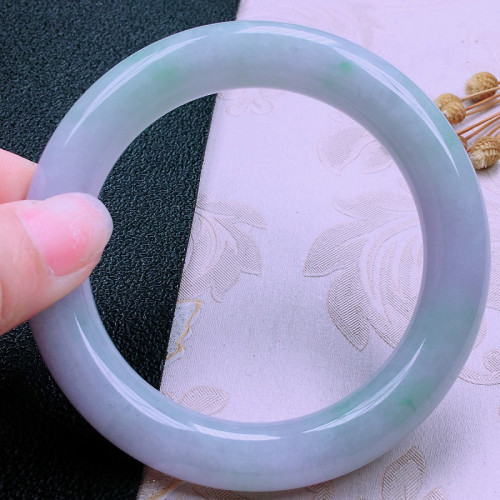 天然冰種翡翠手鐲紫飄綠花紫羅蘭春彩圓條玉手鐲陽綠寬版少女禮物