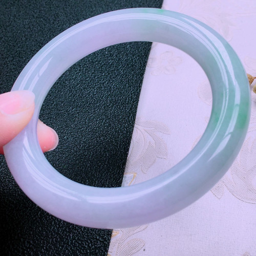 天然冰種翡翠手鐲紫飄綠花紫羅蘭春彩圓條玉手鐲陽綠寬版少女禮物