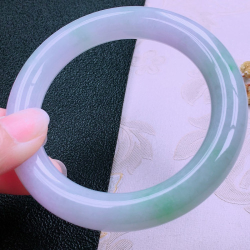 天然冰種翡翠手鐲紫飄綠花紫羅蘭春彩圓條玉手鐲陽綠寬版少女禮物