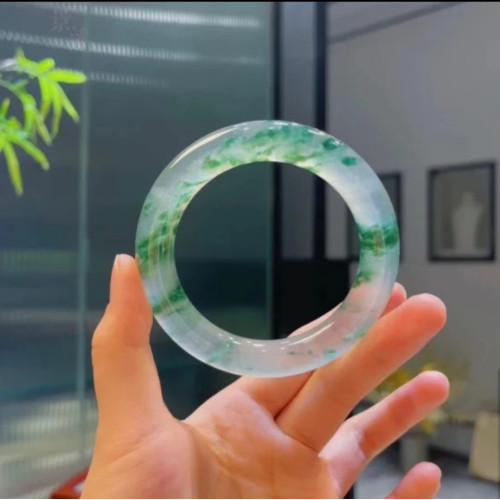 天然玉石緬甸翡翠滿綠手鐲A貨飄花紫羅蘭正圈冰種圓條細款玉鐲女