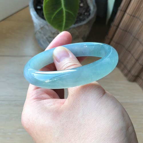 天然緬甸正圈冰種海藍寶真玉鐲女款冰糯種手鐲子天空藍翡翠玉手鐲