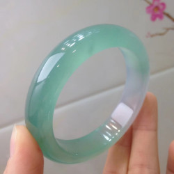 油青冰種翡翠手鐲緬甸老坑女正圈寬玉鐲子淺綠透水潤冰糯種飄藍花
