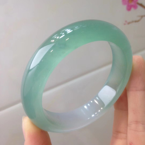 油青冰種翡翠手鐲緬甸老坑女正圈寬玉鐲子淺綠透水潤冰糯種飄藍花