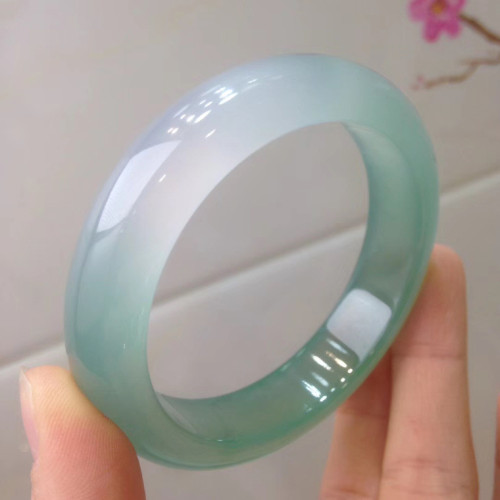 油青冰種翡翠手鐲緬甸老坑女正圈寬玉鐲子淺綠透水潤冰糯種飄藍花
