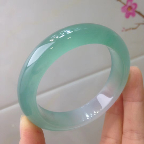 油青冰種翡翠手鐲緬甸老坑女正圈寬玉鐲子淺綠透水潤冰糯種飄藍花