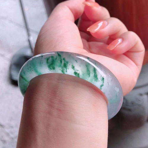 翡翠原石玉手鐲冰糯種冰種紫羅蘭飄花陽綠緬甸翡翠手鐲女天然老坑