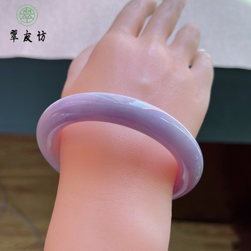 緬甸天然玉鐲子翡翠冰種紫羅蘭春彩圓條貴妃寬邊正圈少女款玉手鐲