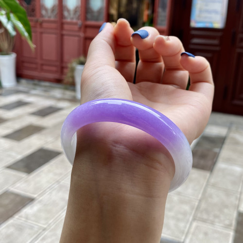 天然緬甸翡翠手鐲翡翠冰糯紫羅蘭帶飄花正圈玉手鐲女冰種翡翠玉鐲