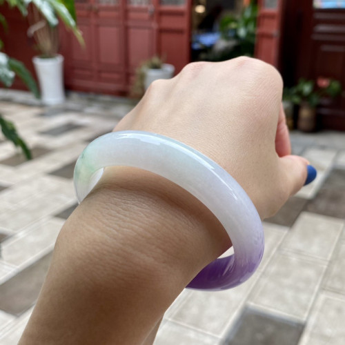 天然緬甸翡翠手鐲翡翠冰糯紫羅蘭帶飄花正圈玉手鐲女冰種翡翠玉鐲