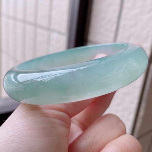 冰種翡翠手鐲女飄綠手鐲淺綠玉鐲細條油青圓條鐲子貴妃玉手鐲少女
