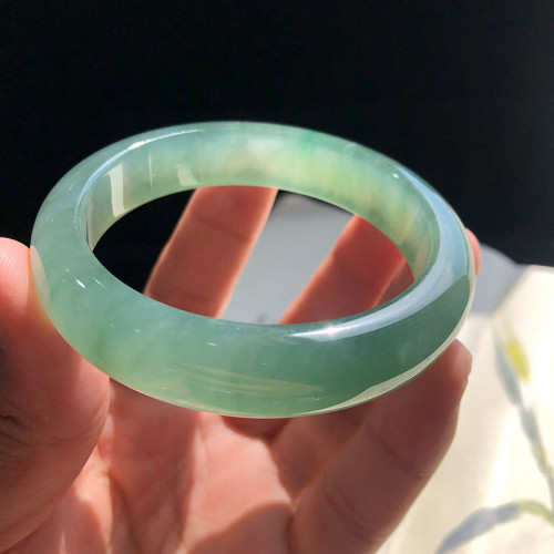 天然緬甸翡翠玉手鐲女款冰湖水綠正圈冰種油青淺綠單色翡翠手鐲子