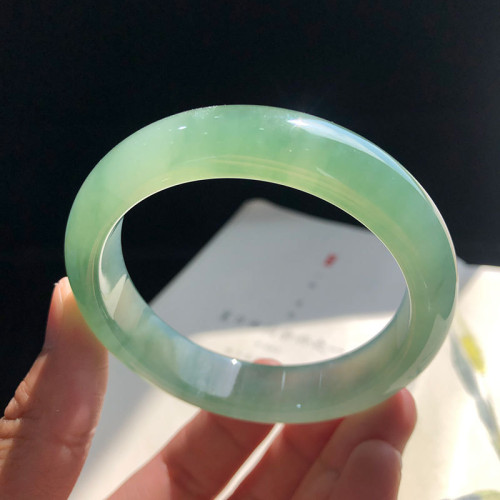 天然緬甸翡翠玉手鐲女款冰湖水綠正圈冰種油青淺綠單色翡翠手鐲子