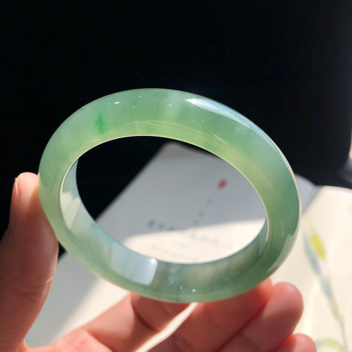 天然緬甸翡翠玉手鐲女款冰湖水綠正圈冰種油青淺綠單色翡翠手鐲子