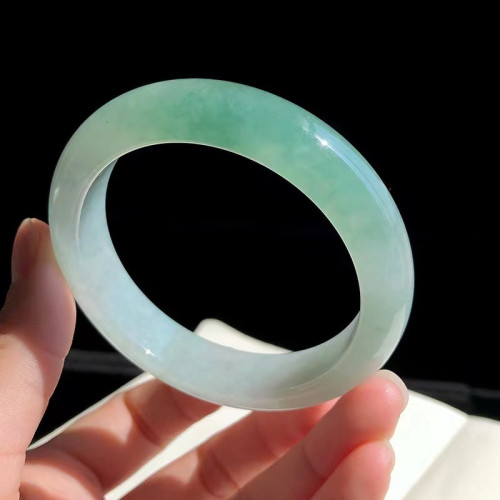 緬甸翡翠玉手鐲冰種油青色淺綠單色飄花正圈圓條貴妃少女款玉鐲子