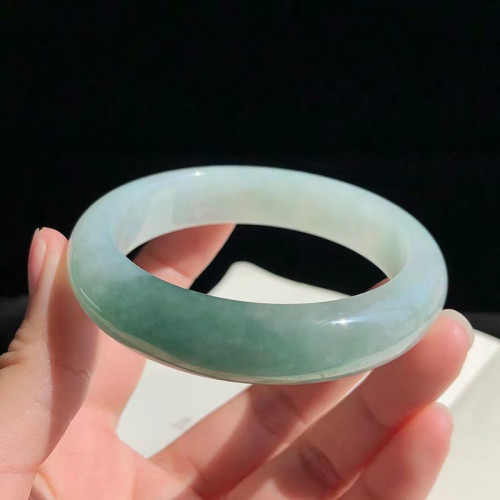 緬甸翡翠玉手鐲冰種油青色淺綠單色飄花正圈圓條貴妃少女款玉鐲子
