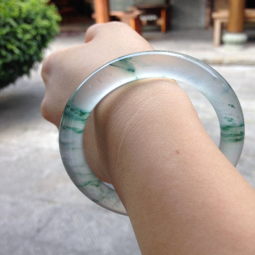 天然老坑A貨圓條飄花翡翠手鐲少女款玉手鐲冰種清新叮噹鐲送閨蜜