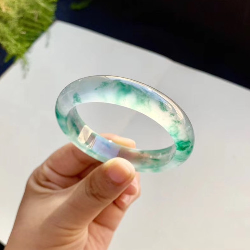 天然緬甸冰種飄花冰種翡翠手鐲女款玉手鐲子玉鐲玻璃種貴妃鐲藍花