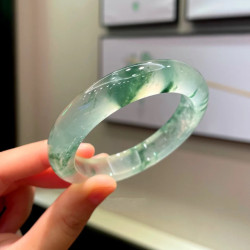 冰種翡翠飄花正圈玉鐲子天然a貨冰透飄綠花翡翠手鐲女正品帶証書