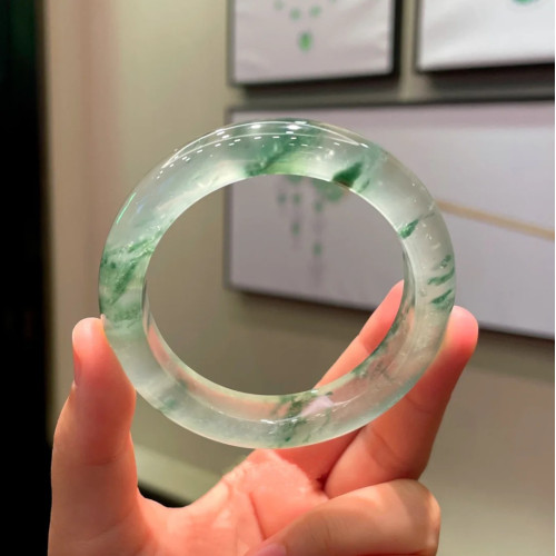 冰種翡翠飄花正圈玉鐲子天然a貨冰透飄綠花翡翠手鐲女正品帶証書