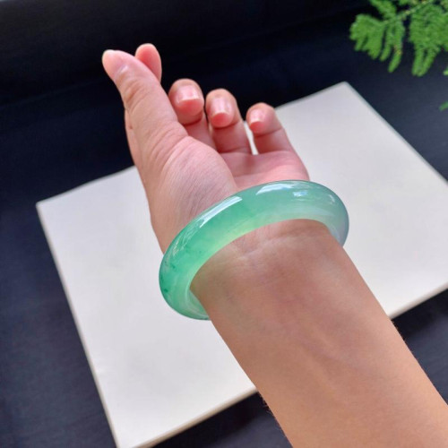 天然緬甸老坑a貨翡翠手鐲女款冰種飄綠正圈平安鐲翡翠玉手鐲送禮