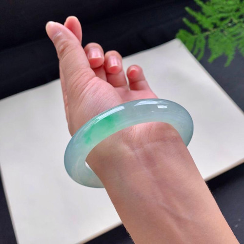 天然緬甸老坑a貨翡翠手鐲女款冰種飄綠圓條福鐲子翡翠玉手鐲送禮