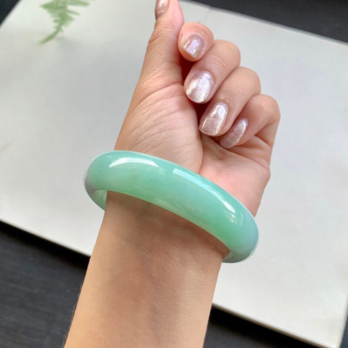 緬甸老坑翡翠手鐲冰糯種淺綠飄花飄綠正圈平安鐲少女款玉石鐲子