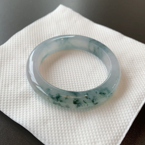 緬甸老坑冰種翡翠飄花手鐲緬甸滿陽綠飄藍花正圈玉鐲子女款批髮鐲