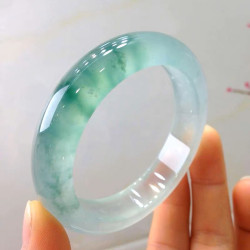 天然冰種翡翠飄藍花翡翠手鐲少女款緬甸老坑滿陽綠正圈圓條玉鐲子