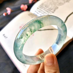 天然老坑冰種飄藍花翡翠手鐲圓條緬甸正品正圈玉鐲子女款晴水玉鐲