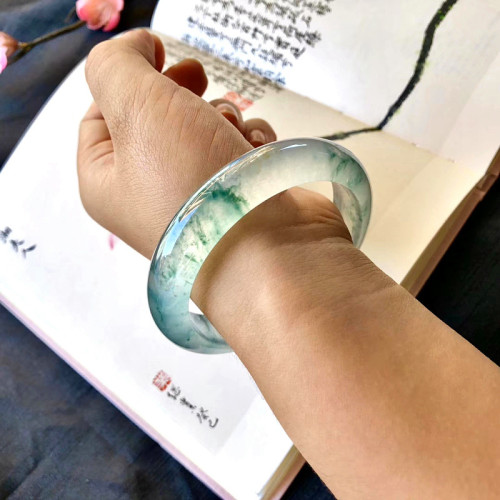 天然老坑冰種飄藍花翡翠手鐲圓條緬甸正品正圈玉鐲子女款晴水玉鐲