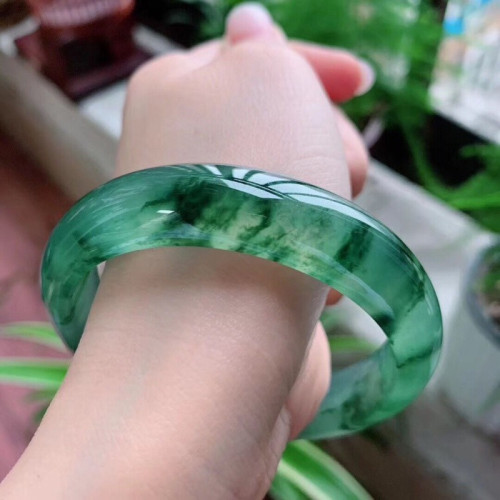 天然緬甸翡翠手鐲少女款冰種飄花玉手鐲玻璃種飄綠正圈圓條玉鐲女