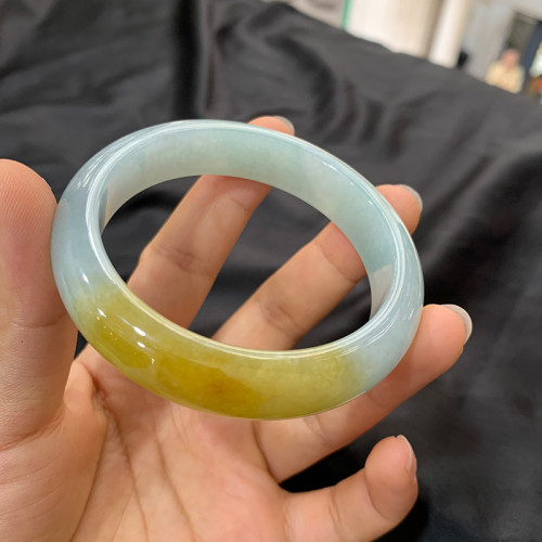天然緬甸翡翠手鐲正品翡翠冰糯種黃翡飄花正圈少女款手鐲送禮玉鐲