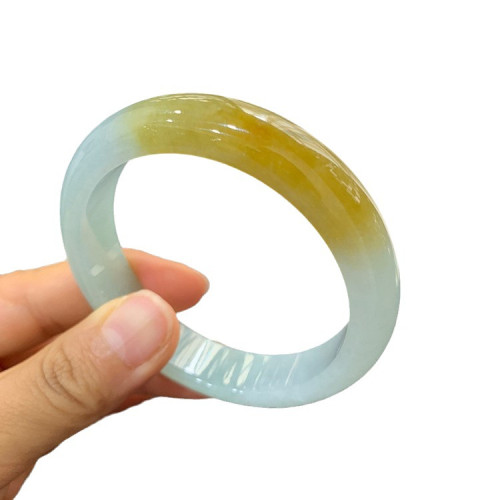 天然緬甸翡翠手鐲正品翡翠冰糯種黃翡飄花正圈少女款手鐲送禮玉鐲