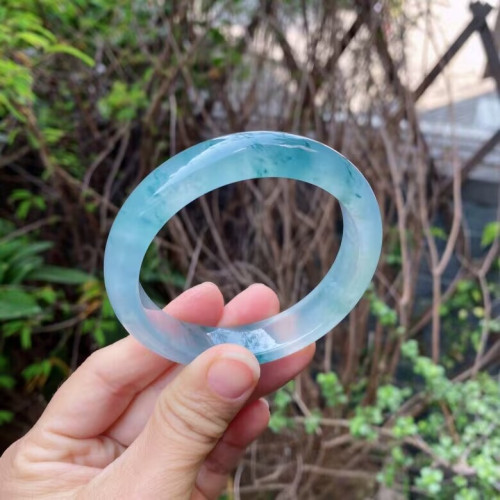 天然冰種翡翠手鐲飄藍花正圈女款緬甸老坑冰透玉石鐲子陽綠玉鐲