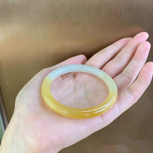 緬甸黃翡翠手鐲半山半水飄花細圓條黃翡玉手鐲冰糯種雞油黃玉鐲子