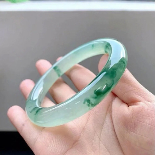 天然緬甸翡翠手鐲圓條冰種飄花玉手鐲天然緬甸正品玉鐲陽綠少女款