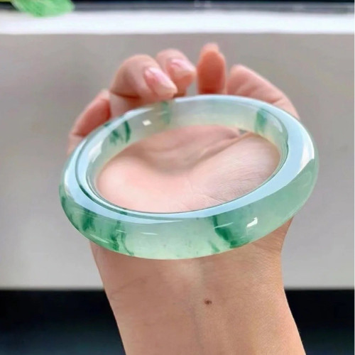 天然緬甸翡翠手鐲圓條冰種飄花玉手鐲天然緬甸正品玉鐲陽綠少女款