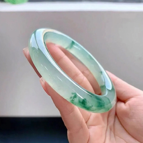 天然緬甸翡翠手鐲圓條冰種飄花玉手鐲天然緬甸正品玉鐲陽綠少女款