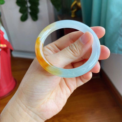 翡翠緬甸天然冰黃翡正圈冰種手鐲玉石鐲子圓條女款正圈扁條玉鐲子
