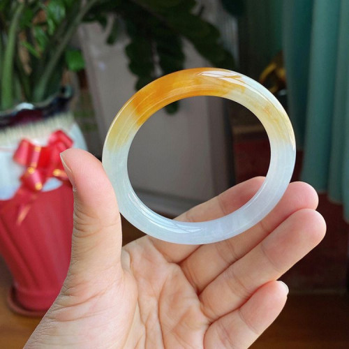 翡翠緬甸天然冰黃翡正圈冰種手鐲玉石鐲子圓條女款正圈扁條玉鐲子