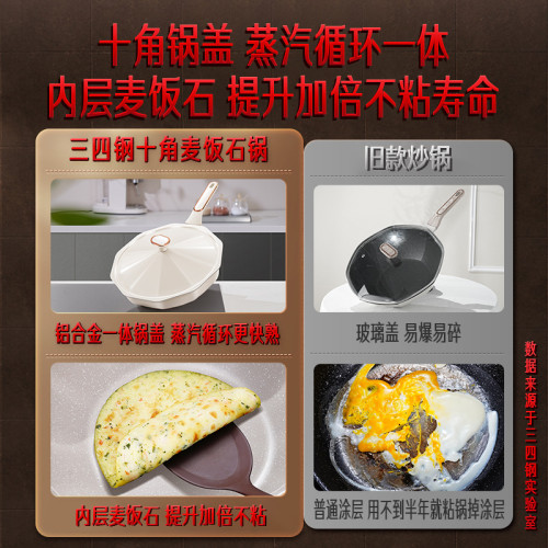 三四鋼 炒菜鍋家用十角不粘麥飯石鍋 平底煎鍋燃氣電磁爐耐磨炒鍋
