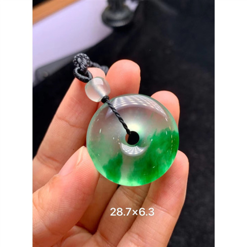 天然緬甸翡翠平安釦吊墜女款飄花平安釦翡翠玻璃種飄綠花冰種掛件