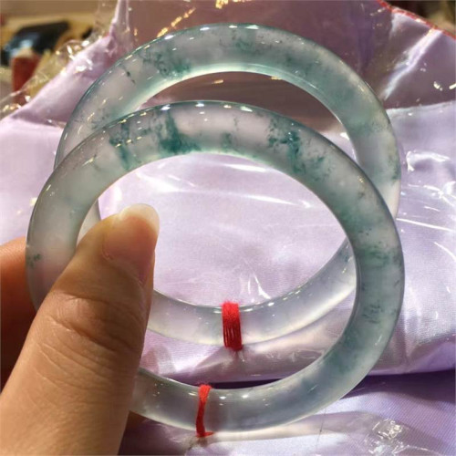 天然緬甸翡翠手鐲女款飄花翡翠圓條玉鐲子翡翠冰種玻璃種老坑送禮
