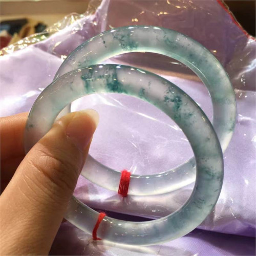 天然緬甸翡翠手鐲女款飄花翡翠圓條玉鐲子翡翠冰種玻璃種老坑送禮