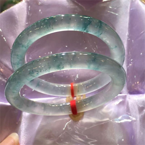 天然緬甸翡翠手鐲女款飄花翡翠圓條玉鐲子翡翠冰種玻璃種老坑送禮