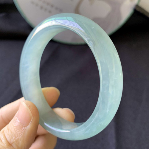 天然緬甸翡翠手鐲女款淺油青色冰種冰糯種玉手鐲飄花翡翠油青手鐲