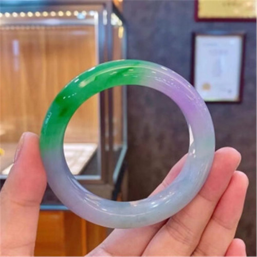 天然瑪瑙翡翠手鐲女款正圈春帶彩紫羅蘭多彩陽綠冰糯種翡翠玉鐲子