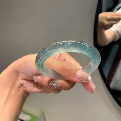 天然緬甸翡翠玉手鐲子飄花高冰飄藍花翡翠手鐲冰種晴水底女款送禮